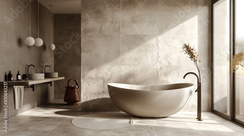 Luxury modern design bathroom featuring a freestanding bathtub  natural stone wall  and floor tiles with sunlight enhancing the tranquil scene