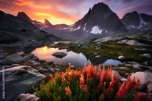 Beautiful alpine landscape with lake and mountains at sunset in summer