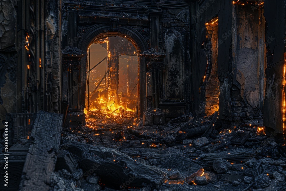 A powerful blaze consumes an ornate room, highlighting devastation and the raw force of nature The contrast of fire and the structure's beauty