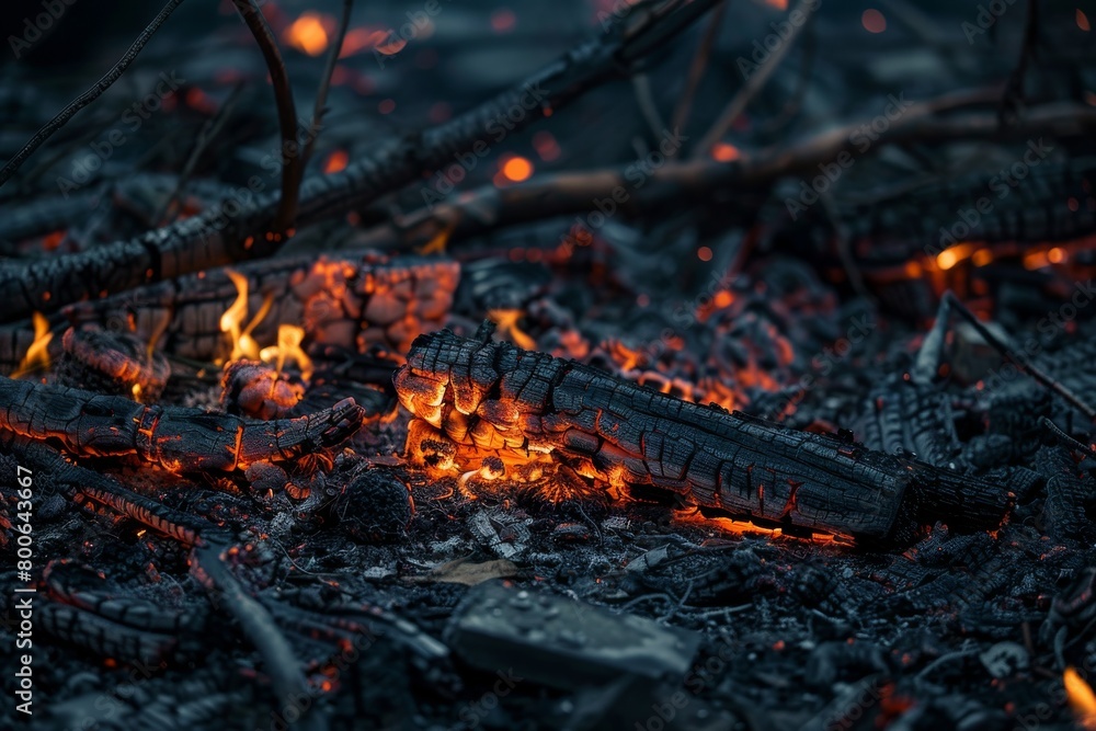 Detailed image of glowing embers within a bed of ashes, showcasing the beauty and danger of a dying fire in a natural setting Detailed image of glowing embers within a bed of ashes, showcasing the beauty and danger of a dying fire in a natural setting