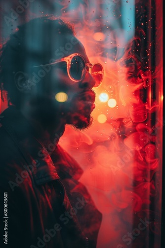 A man with sunglasses looking out a window through rain, AI