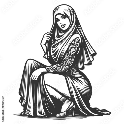 woman in traditional burqa niqab attire, reflecting cultural clothing styles sketch engraving generative ai fictional character vector illustration. Scratch board imitation. Black and white image.
