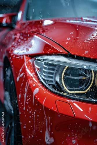 Close up of a red car in rainy weather. Suitable for automotive and weather-related concepts © Ева Поликарпова