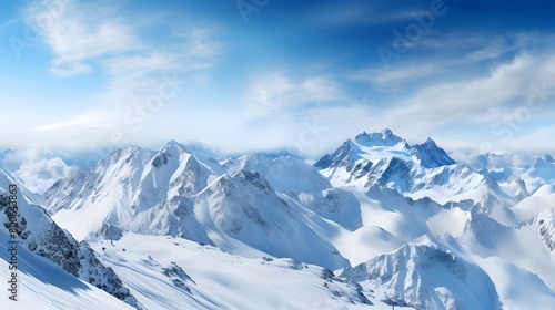 Panoramic view of snow-capped mountains and blue sky © I