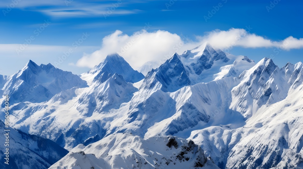 Panoramic view of the snow-capped peaks of the Alps