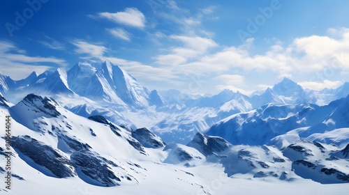 Panoramic view of snowy mountains under blue sky. Caucasus, Russia © I