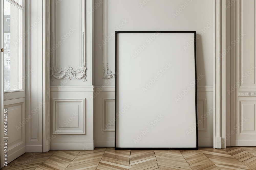 interior house with a large blank poster frame and a black border leaning against a white wall, light and classic design interior house with a large blank poster frame and a black border leaning against a white wall, light and classic design