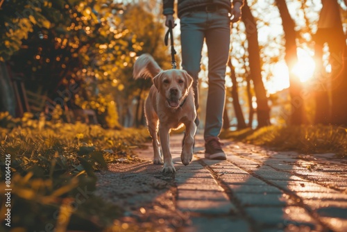 The image captures a peaceful walk with a dog on a sunset-drenched pathway, symbolizing companionship and quiet moments photo