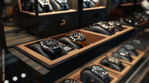 Luxury Watches on Display in a Wooden Showcase photo