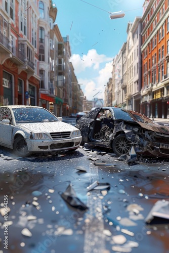 Crashed cars on city  Generative AI © Roman