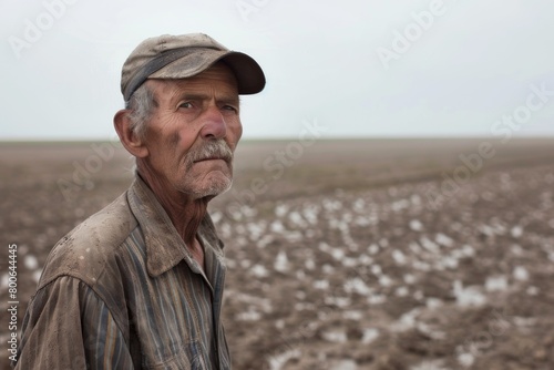 An elderly man with a mustache and cap stands in a barren field, symbolizing solitude and aging © ChaoticMind