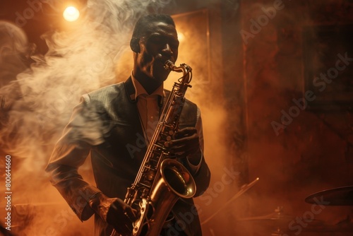A musician in a sharp suit plays a saxophone amidst the atmospheric ambiance of a dimly lit jazz club