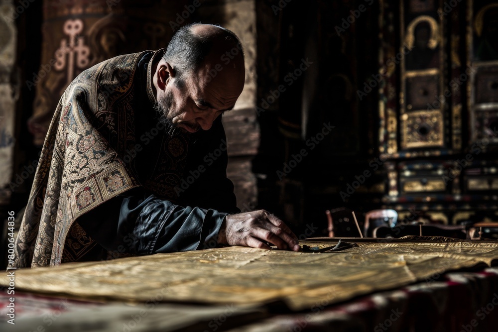 Fototapeta premium In a serene and solemn environment, a priest adorned in traditional attire is seen deeply immersed in prayer with religious scriptures