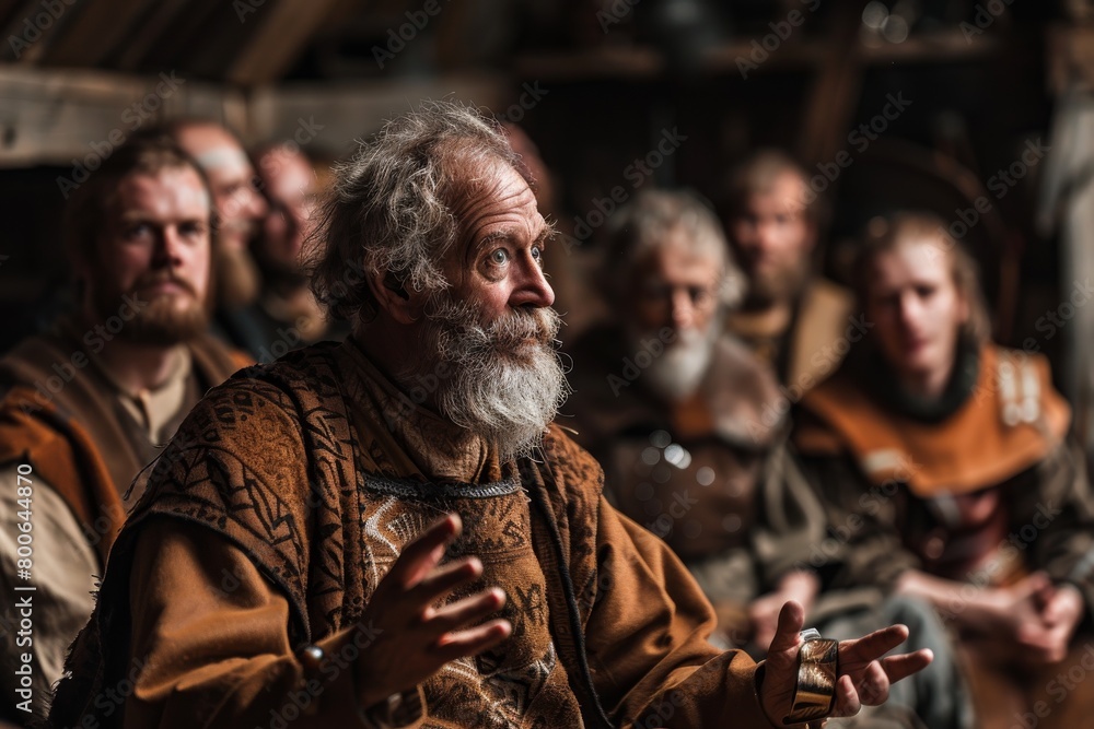 An elderly man with a white beard captivates his audience in a historic or medieval setting An elderly man with a white beard captivates his audience in a historic or medieval setting