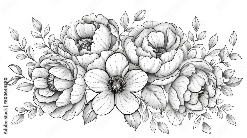 fine line illustrative floral, rounded peonies sketch style with smaller varying flowers and leafage