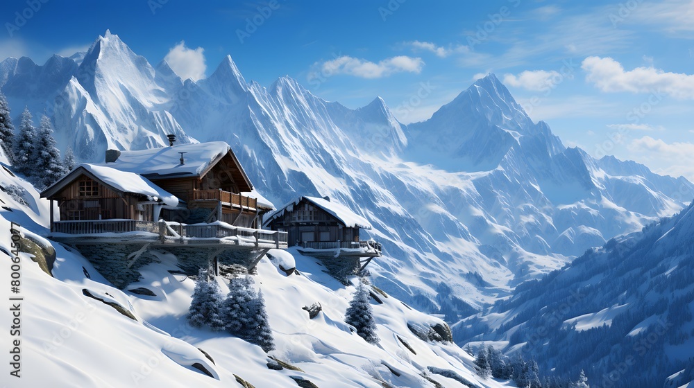 Panoramic view of the Swiss Alps in winter, Switzerland.