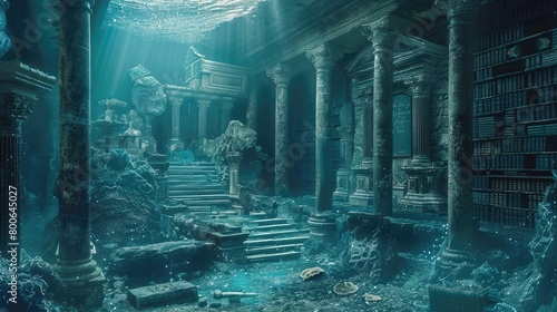 fantasy underwater deep ocean mysterious antiquity library background  3d digital art style 