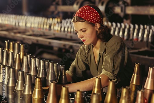A woman in vintage clothes works with artillery shells in a factory setting photo