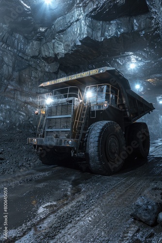 A large dump truck driving through a mine. Suitable for industrial concepts