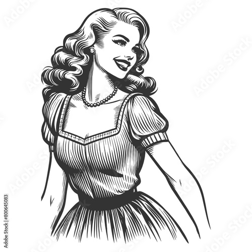 woman laughing heartily, her head thrown back in a moment of pure joy and infectious mirth sketch engraving generative ai fictional character vector illustration. Black and white image.