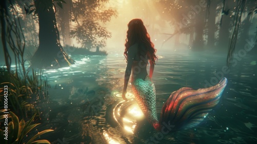 In a hidden lake a graceful and mystical mermaid emerges from the depths her tail shimmering with all the colors of the rainbow and . .