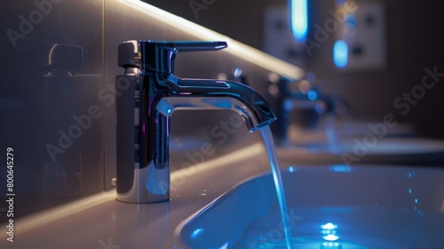 Modern Chrome Faucet With Flowing Water in a Dimly Lit Bathroom