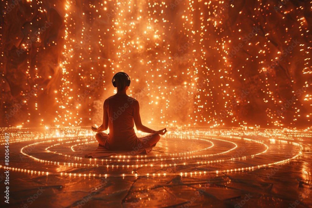 person is seated within a circle formation while fireworks illuminate the sky around them. person is seated within a circle formation while fireworks illuminate the sky around them.