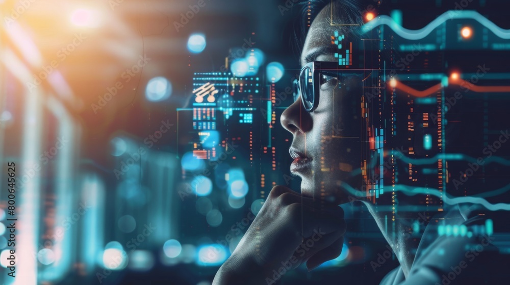 Pensive Woman With Data Visualization at Night Pensive Woman With Data Visualization at Night