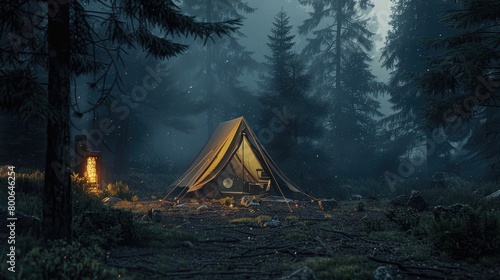 Amidst the dense forest, a lightning-dark tent emerges as the centerpiece of the night camping scene
