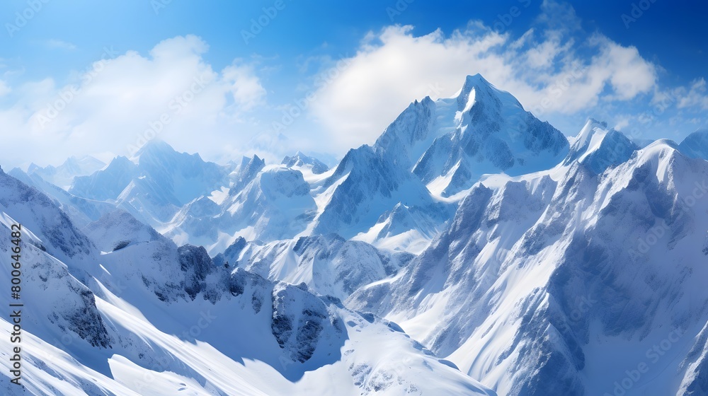 Panoramic view of snowy mountains and blue sky. Caucasus Mountains, Georgia.