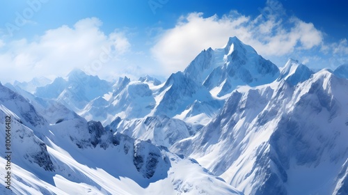 Panoramic view of snowy mountains and blue sky. Caucasus Mountains  Georgia.