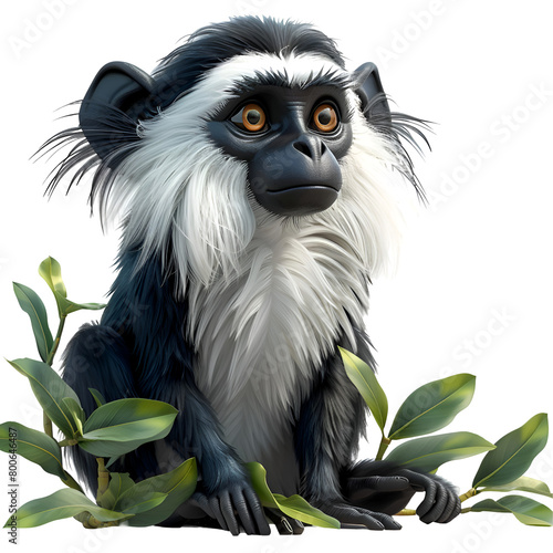 A 3D animated cartoon render of a colobus monkey alerting campers to a poisonous plant. photo