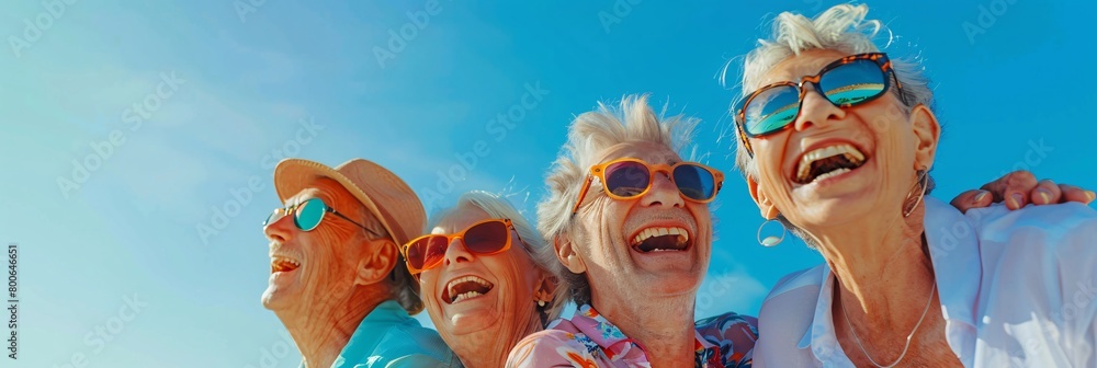 Obraz premium A group of happy senior people with sunglasses laughing and having fun at the beach on a sunny day
