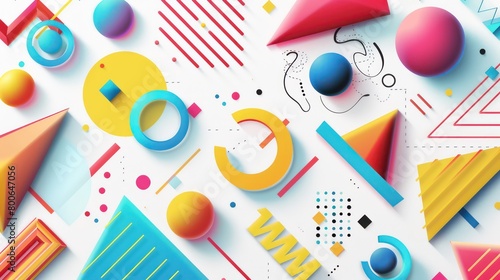 colorful 3d polygon geometric shapes, lines, dots on white background