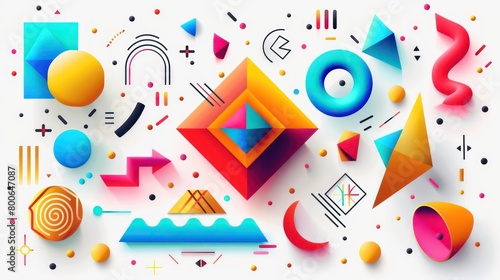 colorful 3d polygon geometric shapes, lines, dots on white background