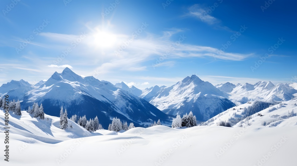 Panoramic view of snowy mountains. Winter landscape with snowdrifts.