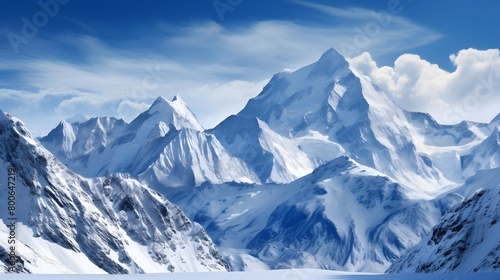 Panorama of snow-capped mountains and blue sky with clouds