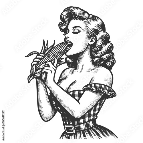 pin-up girl with an ear of corn, capturing a classic Americana vibe sketch engraving generative ai fictional character vector illustration. Scratch board imitation. Black and white image.