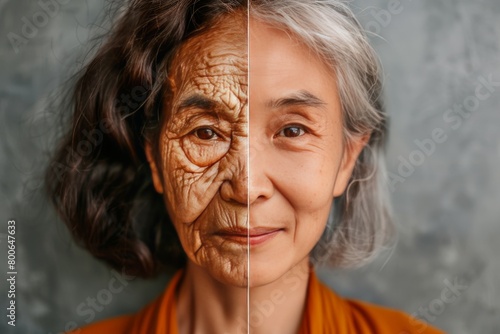 Treatments utilizing salicylic acid and aging skincare creams target aging signs in a split comparison of young to old biological aging with beauty enhancements.