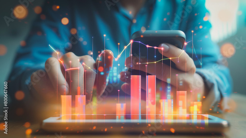 Businessman using smartphone to view innovation reports, digital graphs, analyze market changes and investments during holidays.