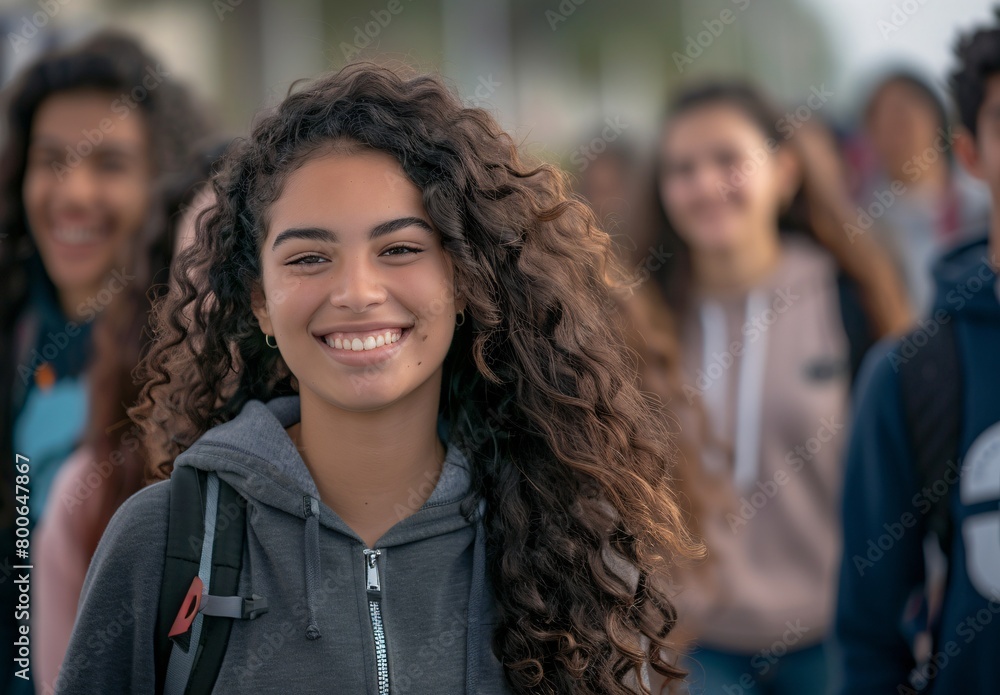 A group of smiling young people are walking down the street. A beautiful curly haired woman in her early twenties with long hair is leading them all. She is wearing casual and has an airbrushed look. A group of smiling young people are walking down the street. A beautiful curly haired woman in her early twenties with long hair is leading them all. She is wearing casual and has an airbrushed look.