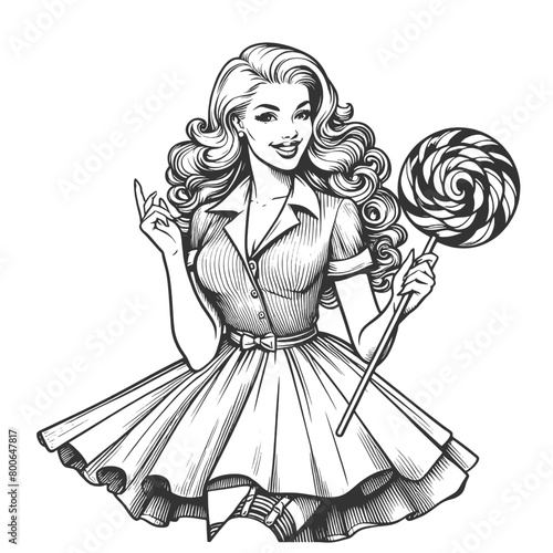 Pin-up girl woman eats swirl lollipop, evoking a sweet nostalgia sketch engraving generative ai fictional character vector illustration. Scratch board imitation. Black and white image.