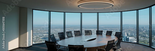 interior of a room with chairs and a big round table, suitable for office and company meetings