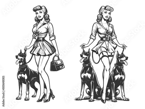 elegant woman in retro fashion walking two large dogs, depicting a chic, active lifestyle sketch engraving generative ai fictional character vector illustration. Black and white image.