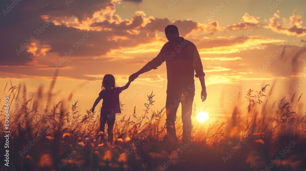 Man Holding Hand of Little Girl at Sunset