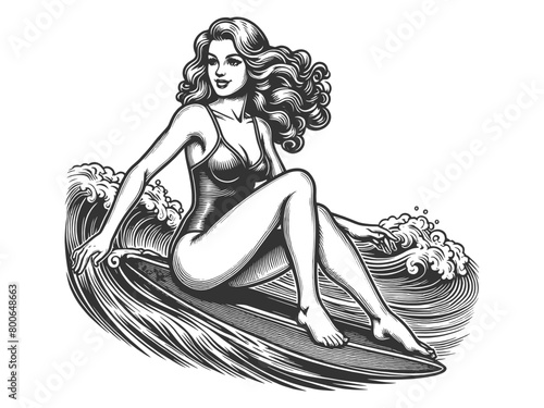 retro pin-up girl in stylish beachwear surfing on wave, grace and balance sketch engraving generative ai fictional character vector illustration. Scratch board imitation. Black and white image.