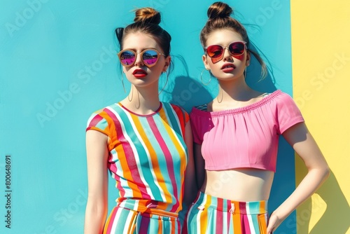 Two women standing next to each other in front of a blue wall. Suitable for business and lifestyle concepts