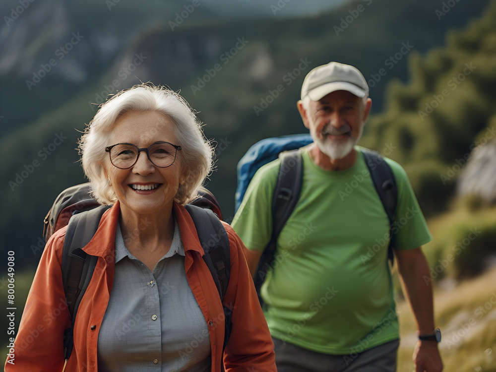 An elderly couple smiling at the camera while enjoying a hike in the scenic mountain range, equipped with backpacks An elderly couple smiling at the camera while enjoying a hike in the scenic mountain range, equipped with backpacks