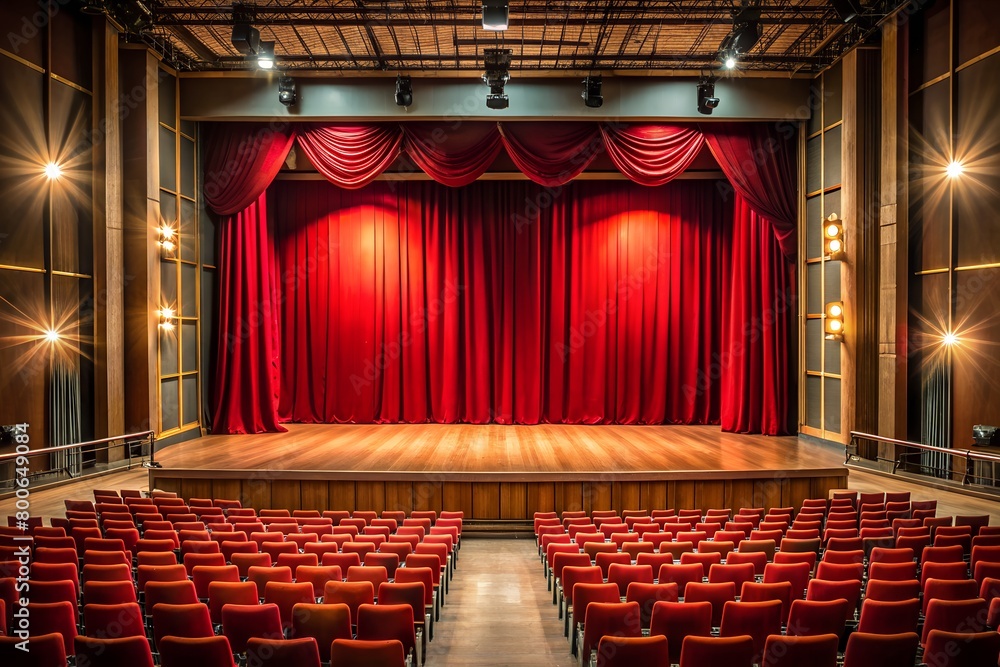A captivating image showcasing the grandeur of an empty theater with plush red seats, elegant curtains, and sophisticated lighting
