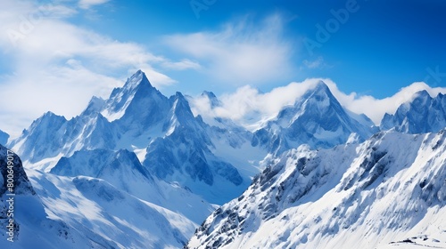 Panoramic view of the snowy mountains in the French Alps.